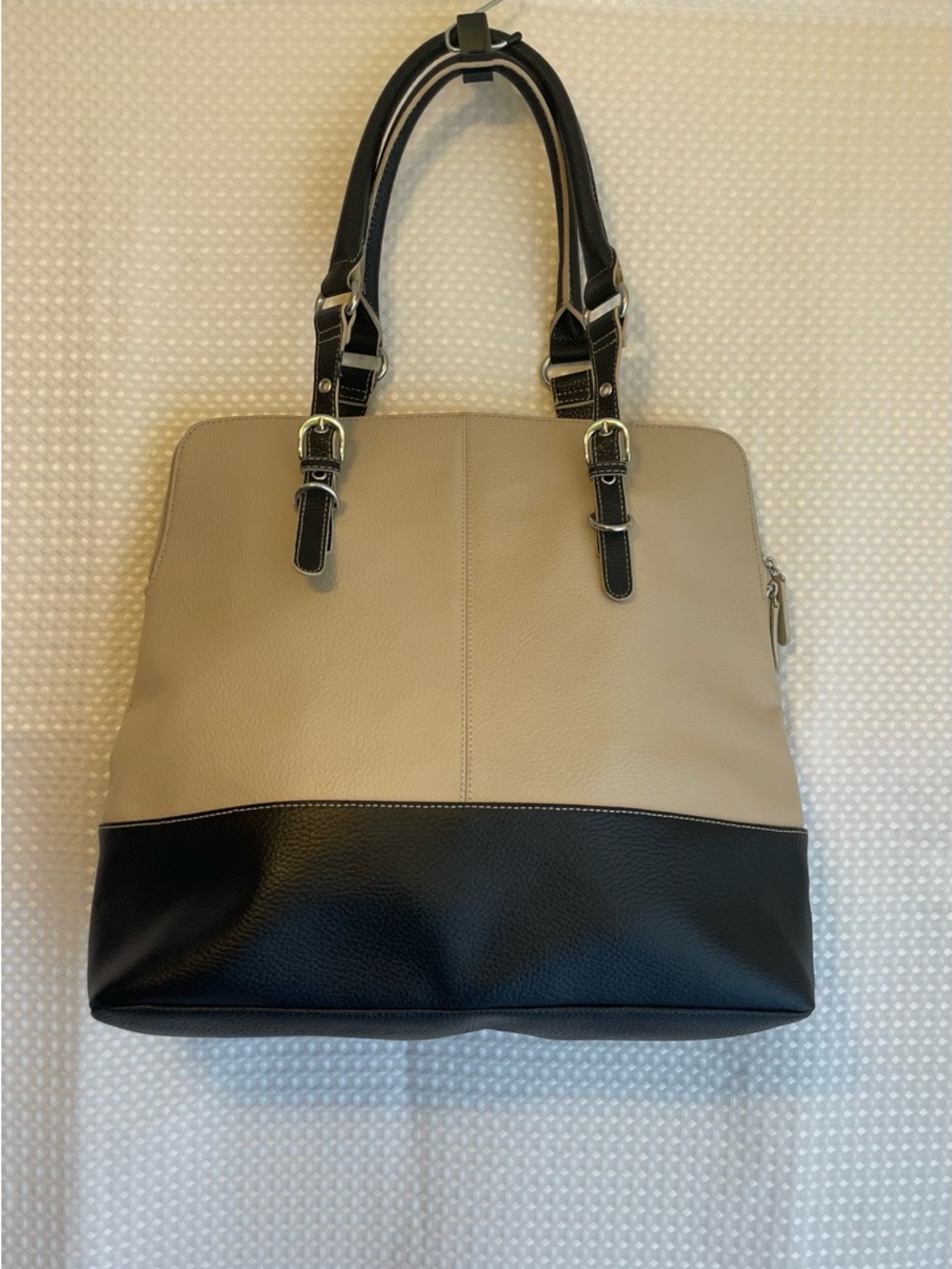 Wilsons Leather Two-Tone Tote Cream Black Pebbled Genuine Leather Bag Classy